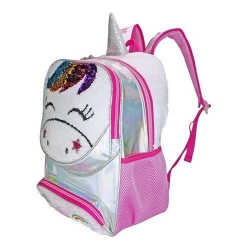 Mochila Escolar Unicornio Lentejuela Tornasol Blanca Wily's WT381 Niñas