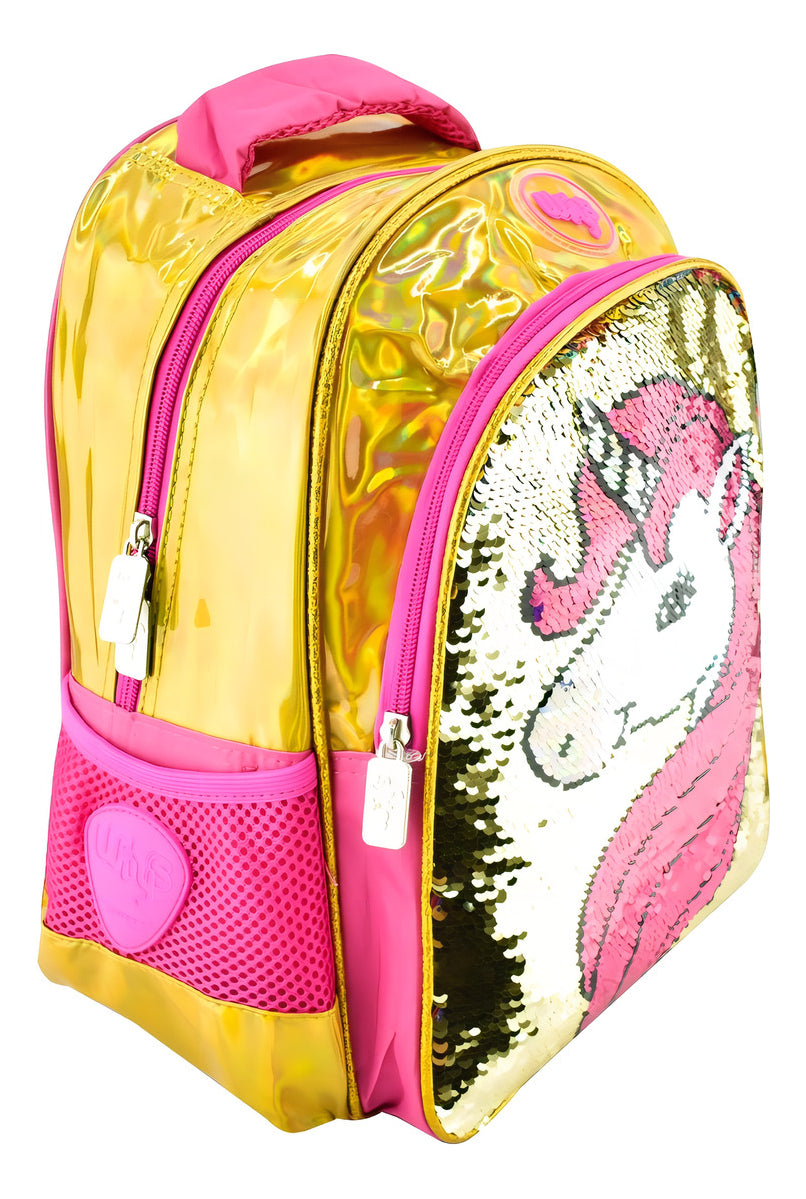 Mochila Escolar Wily's Lentejuelas 14L Dorado Rosa Con Correa Pecho