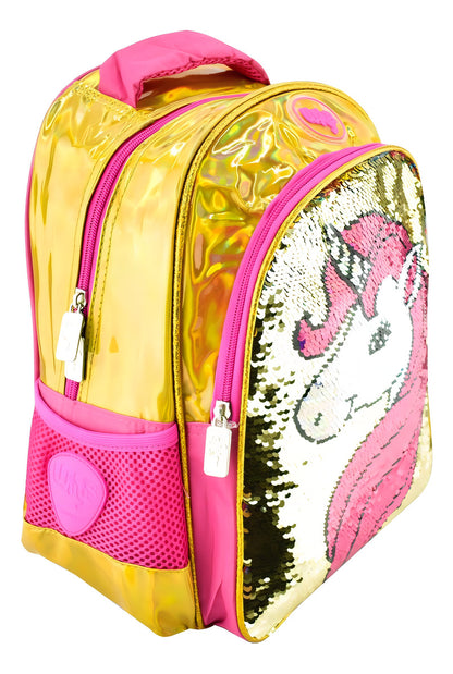 Mochila Escolar Wily's Lentejuelas 14L Dorado Rosa Con Correa Pecho