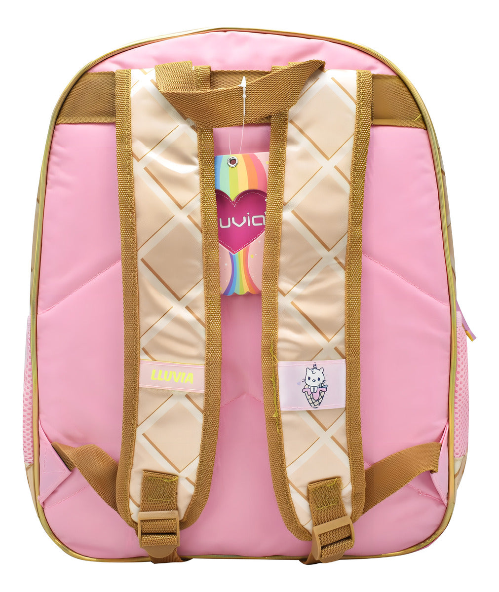 Mochila Escolar Lluvia Unicornio Helados Luz 3D Rosa con Lapicera
