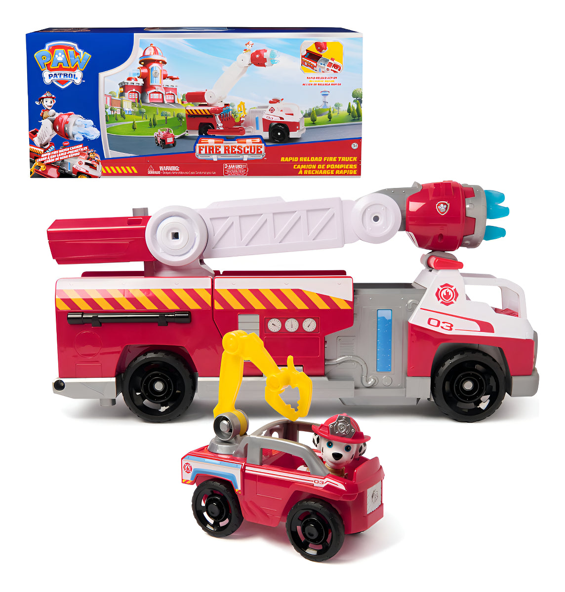 PAW Patrol Fire Rescue, camión de bomberos de recarga rápida con figura de Marshall, lanzador rápido, luces y sonidos, juguetes para niños y niñas a partir de 3 años