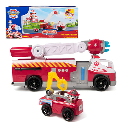 PAW Patrol Fire Rescue, camión de bomberos de recarga rápida con figura de Marshall, lanzador rápido, luces y sonidos, juguetes para niños y niñas a partir de 3 años