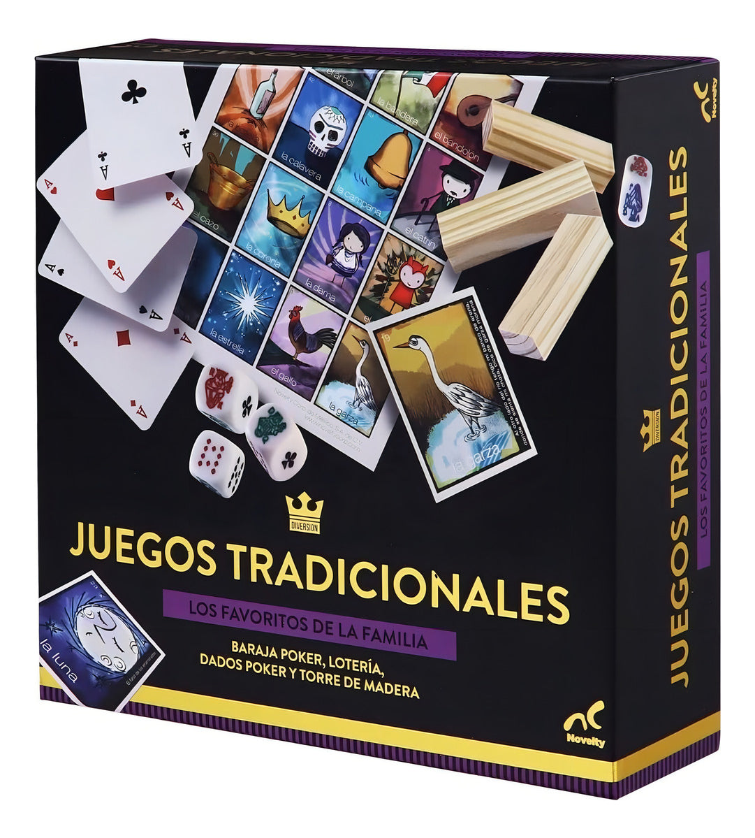 Set de Juegos Clásicos: Torre de Madera, Lotería Mexicana, Baraja de Poker y Dados, Ideal para Reuniones Familiares, Niños y Adultos