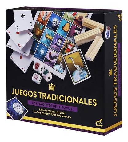 Set de Juegos Clásicos: Torre de Madera, Lotería Mexicana, Baraja de Poker y Dados, Ideal para Reuniones Familiares, Niños y Adultos