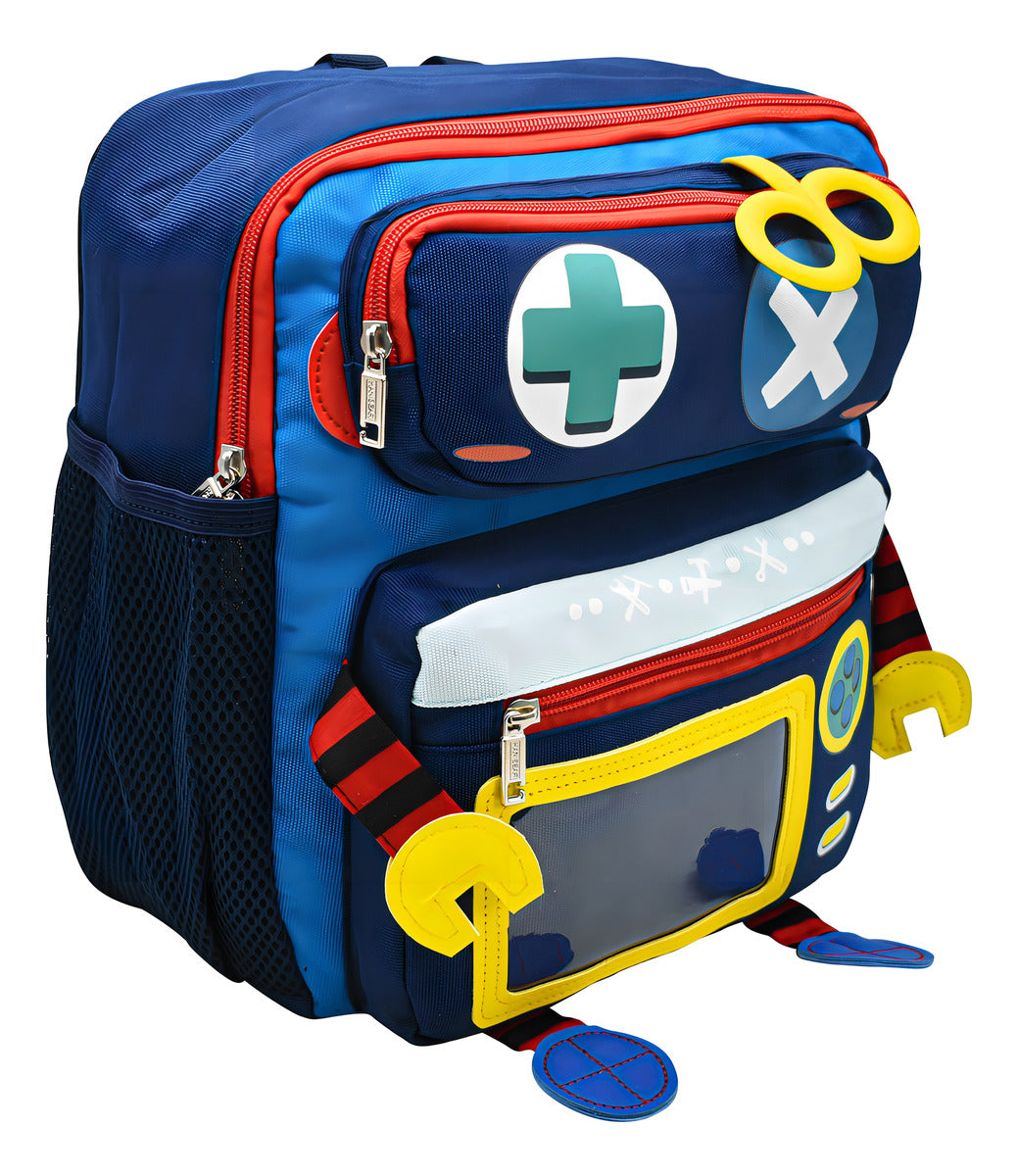Mochila Escolar Niños Lluvia Robot Azul Marino Porta Credencial Impermeable