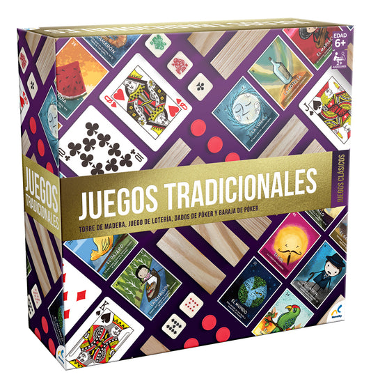 Set de Juegos Clásicos: Torre de Madera, Lotería Mexicana, Baraja de Poker y Dados, Ideal para Reuniones Familiares, Niños y Adultos