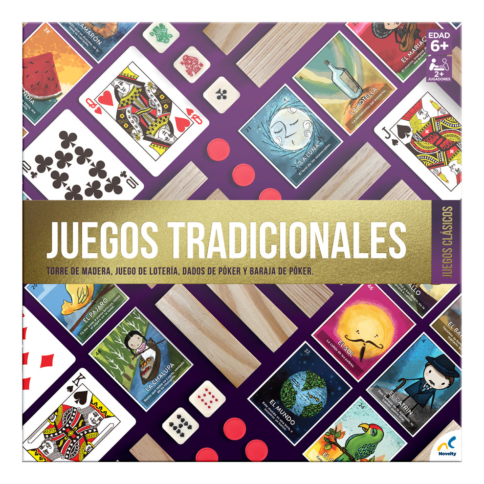 Set de Juegos Clásicos: Torre de Madera, Lotería Mexicana, Baraja de Poker y Dados, Ideal para Reuniones Familiares, Niños y Adultos
