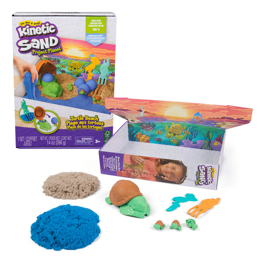 Kinetic Sand, Project Planet Playa de las tortugas con 396 g de arena de juego, herramientas y moldes, materiales respetuosos con el medio ambiente, juguetes sensoriales para niños 3 años.