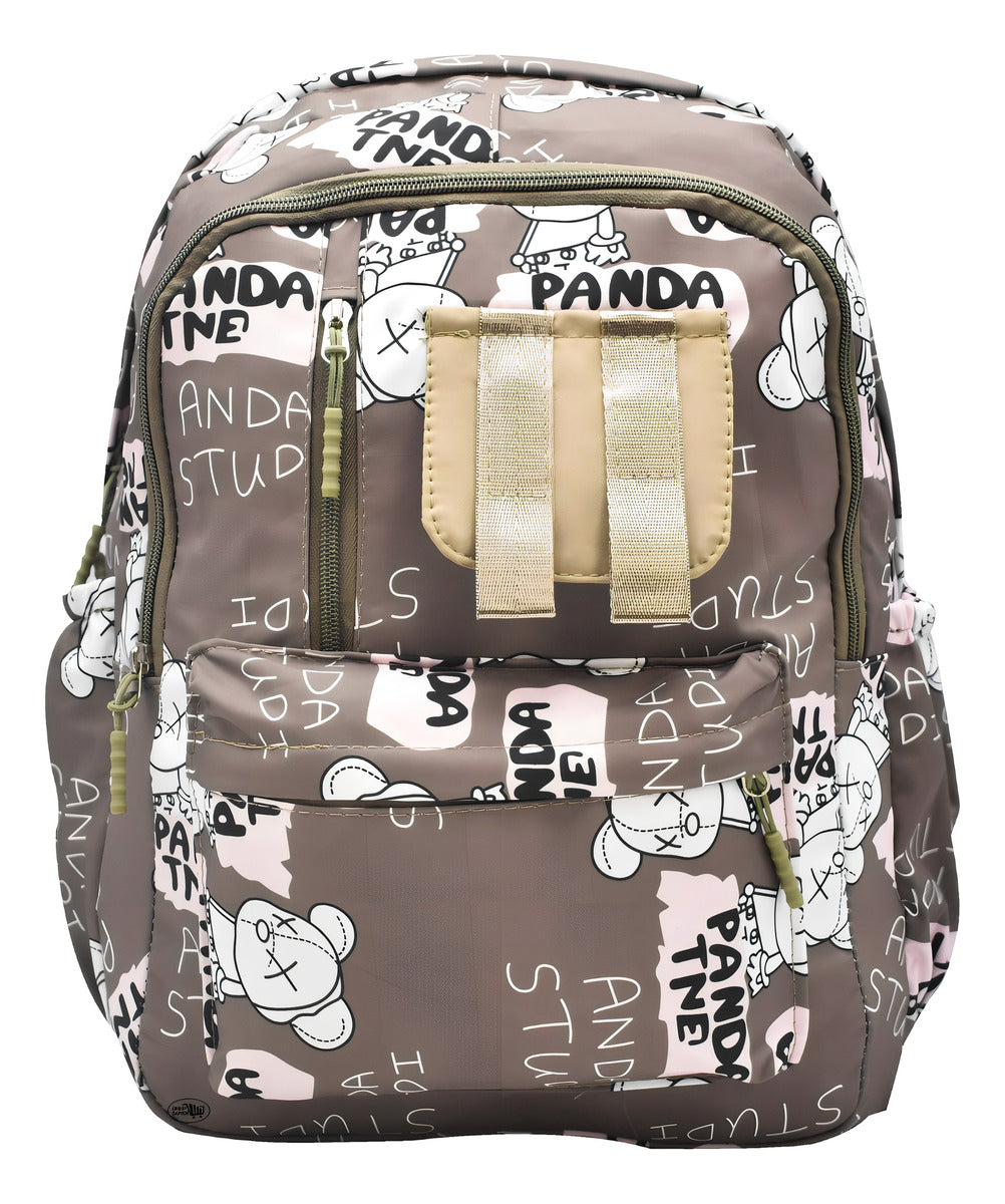 Mochila Escolar Lluvia Panda Estampada 15L Bolsillos Marrón Laptop