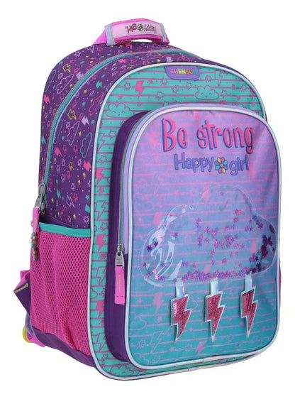 Mochila Happy Girl Be Strong Nube Glitery Primaria Chenson