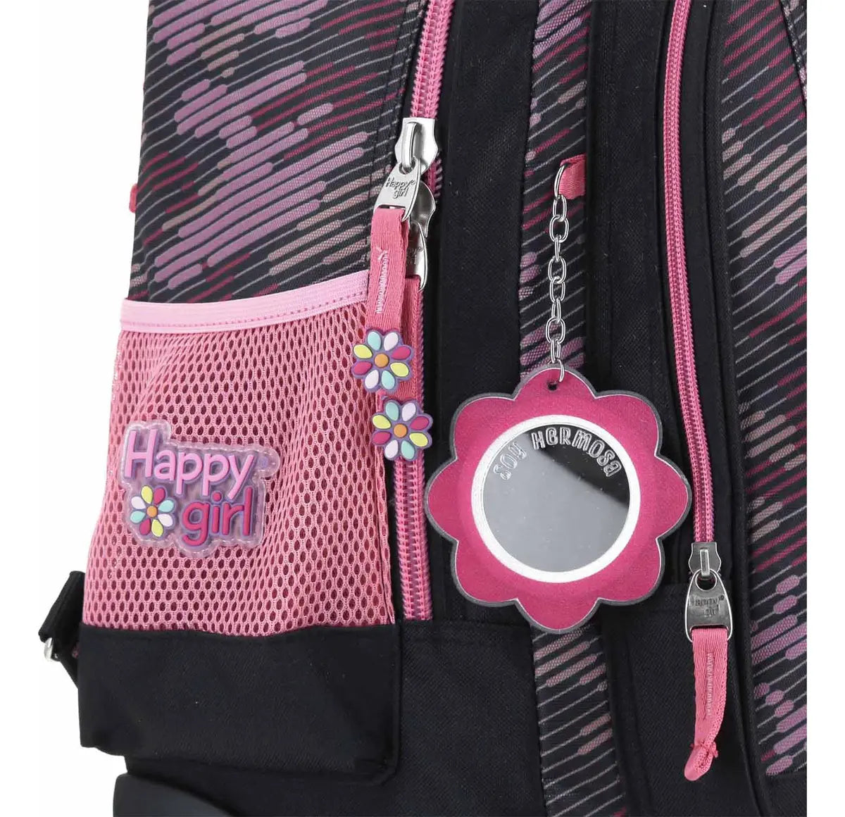 Mochila Con Ruedas Luminosas Happy Girl Con Flor Chenson - Detalle estampado