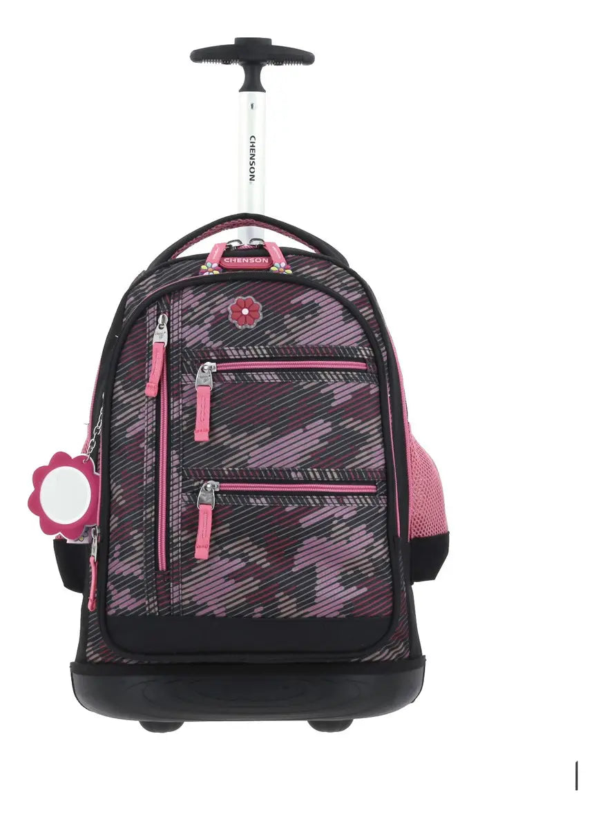 Mochila Con Ruedas Luminosas Happy Girl Con Flor Chenson - Vista frontal