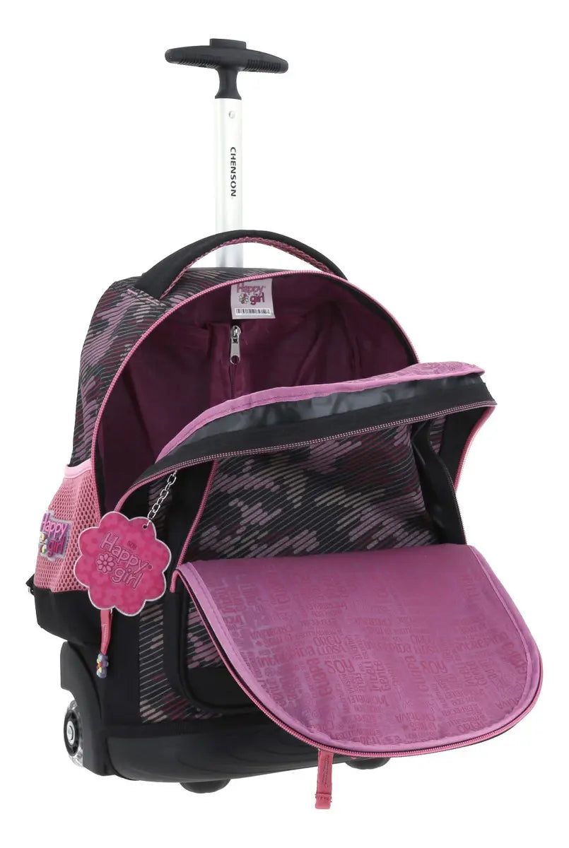 Mochila Con Ruedas Luminosas Happy Girl Con Flor Chenson - Vista trasera