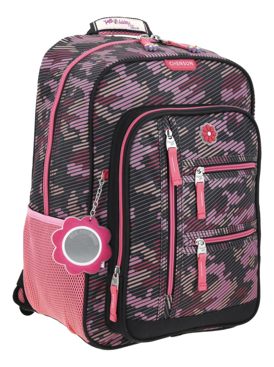 Mochila Y Lapicera Happy Girl Flor Rayada Primaria Chenson - Detalle cierre