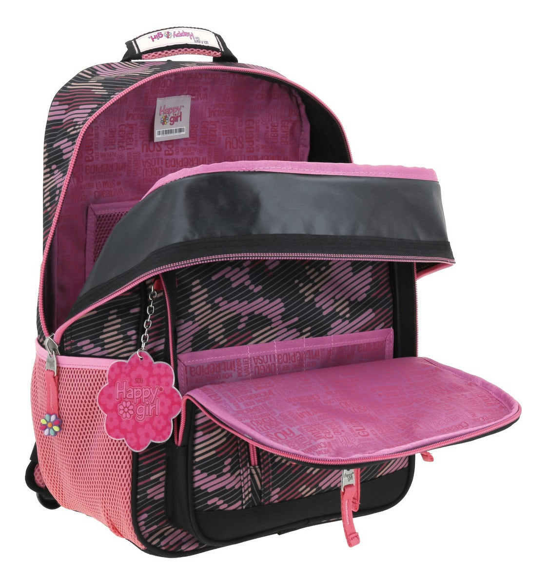 Mochila Y Lapicera Happy Girl Flor Rayada Primaria Chenson - Detalle compartimentos