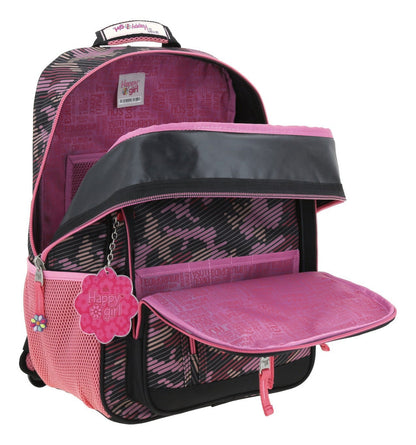 Mochila Y Lapicera Happy Girl Flor Rayada Primaria Chenson - Detalle compartimentos