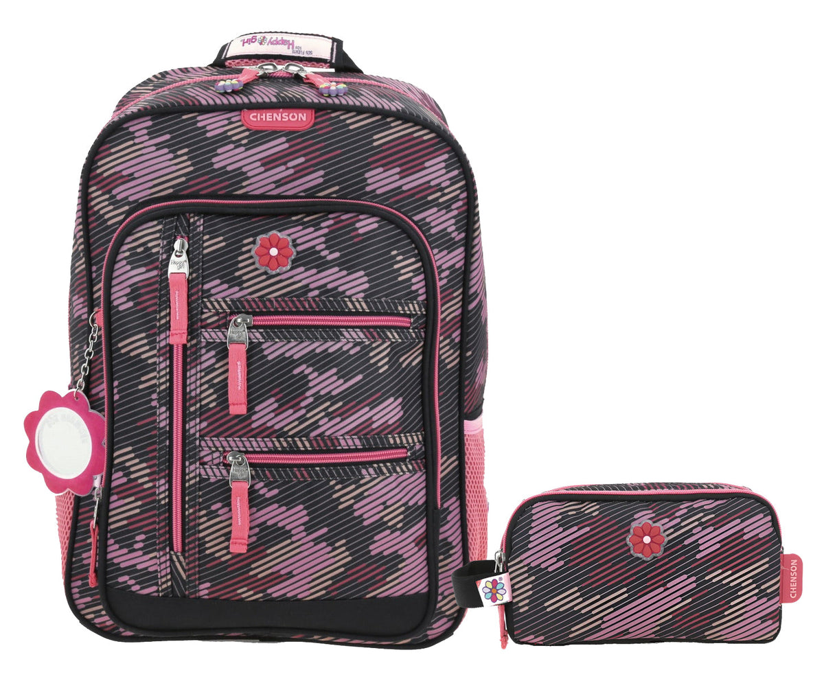 Mochila Y Lapicera Happy Girl Flor Rayada Primaria Chenson - Vista frontal