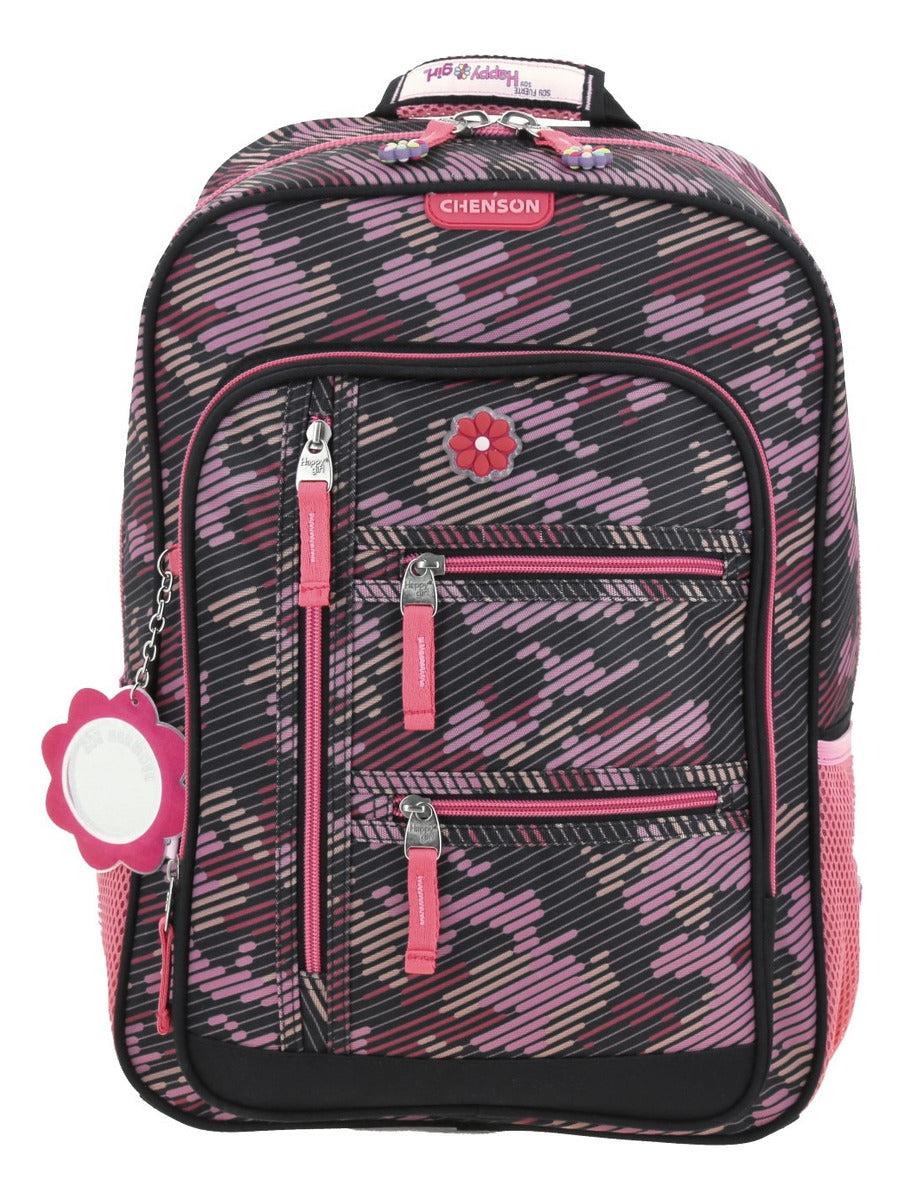 Mochila Y Lapicera Happy Girl Flor Rayada Primaria Chenson - Vista lateral