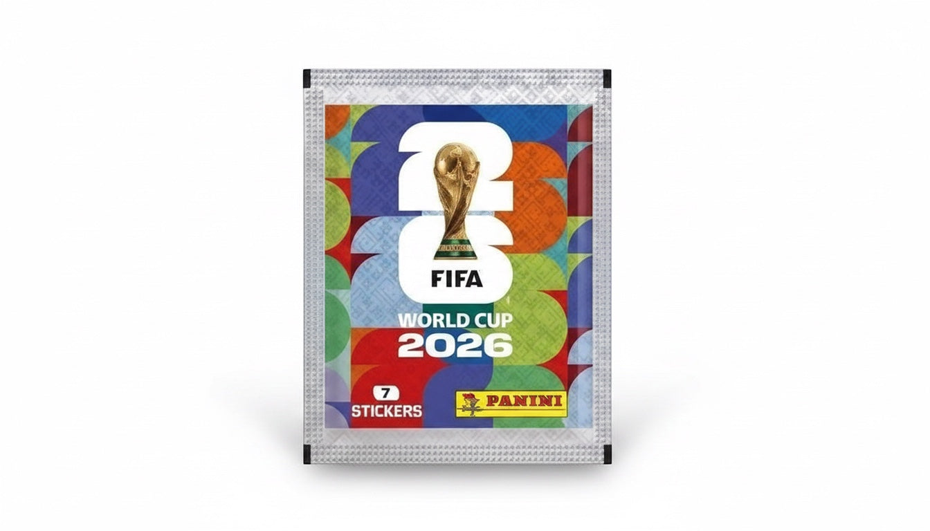 Taidongojuguetes sobre de cromos Panini FIFA World Cup 2026 con el trofeo y diseño colorido. Contiene 7 cromos.
