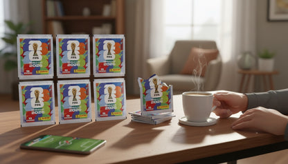 Sobres de cromos Panini FIFA World Cup 2026 con diseño colorido y trofeo de la Copa del Mundo. Coleccionables de fútbol.