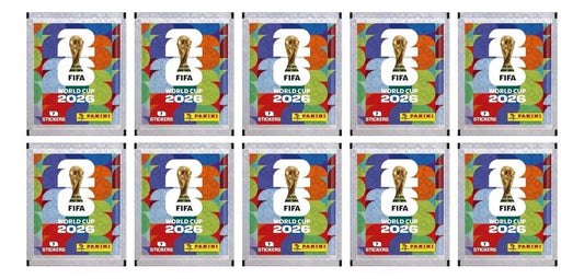 Taidongojuguetes Pack de 10 sobres de cromos Panini para la Copa Mundial FIFA 2026. Diseño colorido con el trofeo de la Copa Mundial.